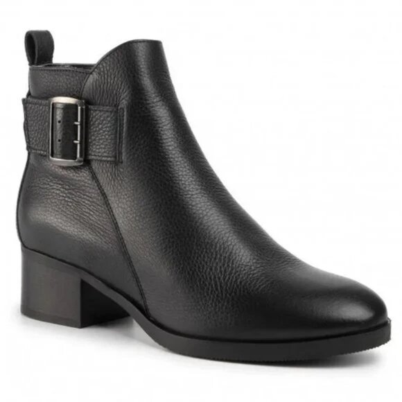 NEW Clarks Women Mila Charm Black Leather Ankle Strap Buckled Zip Up Bootie - Picture 1 of 8
